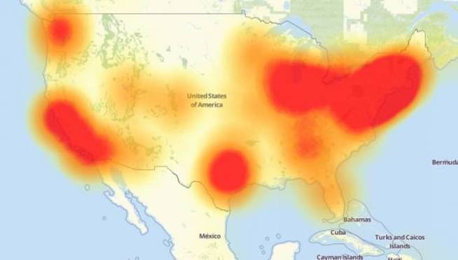 Mapa de EEUU con las zonas del país más afectadas por el ataque DDoS.