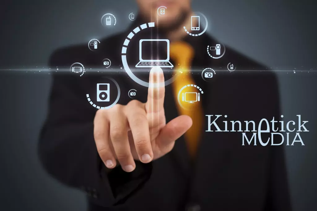 Businessman pressing multimedia type of modern buttons with virtual background